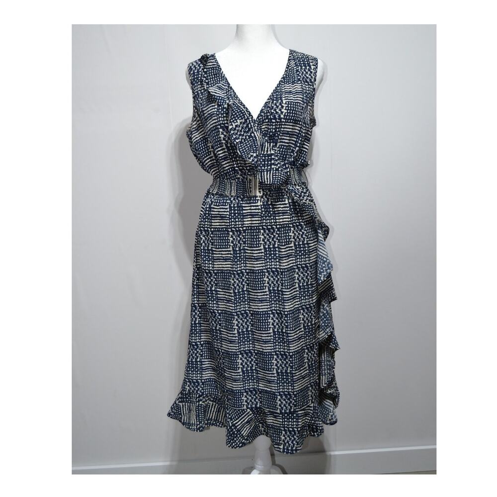 Banana Republic Faux Wrap Blue & Cream Ruffle Midi Dress With Belt Size 6